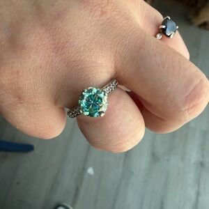 Silver Ring with Green Round Center Diamond